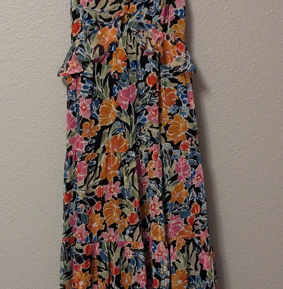 💥SALE💥New Aqua Bloomingdales Floral Chiffon Tiered Maxi Dress V Neck Ruffles M - Picture 9 of 13